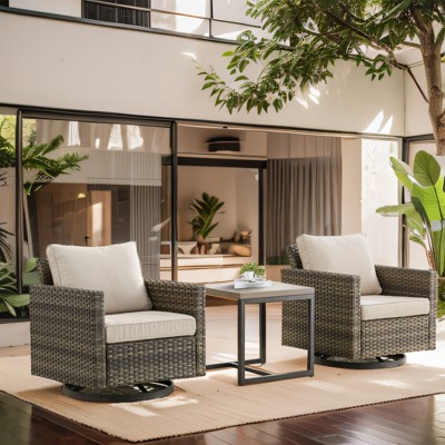 POCASSY Square Armrest Outdoor Swivel Rocker Patio Chairs Set of 2, Gray Wicker Furniture Swivel Patio Chairs for Porch, Poolside, Deck