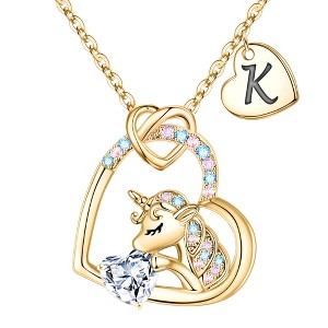 Turandoss Gold Heart Unicorn Necklace for Girls - Initial Zircon Pendant Necklace for Kids 4 -13 Year Old, Unicorn Birthday Gifts for Girls, 18+2.5In - 1 of 4