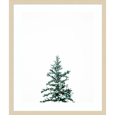 Winter Evergreen Snowy Tree Light Brown Wood Framed Print
