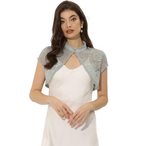 INSPIRE CHIC Women's Lace Stand Collar Pearl Button Short Sleeve Cropped Shrug - 1 of 4