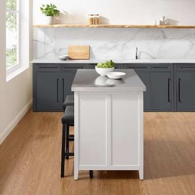 Silvia White Kitchen Island with Stainless Steel Top and Black Upholstered Saddle Stools