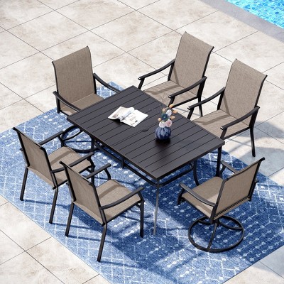 Captiva Designs 7pc Patio Outdoor Dining Rectangle Steel Table with Umbrella Hole & Brown Textilene Arm Chairs