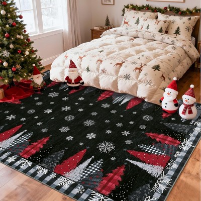 Christmas Area Rug, Christmas Tree Print Throw Carpet with Non Slip Backing, Non Shedding Low Pile Floor Carpet for Living Room, Bedroom