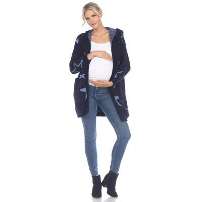 Maternity Hooded Open Front High Pile Fleece Coat -White Mark