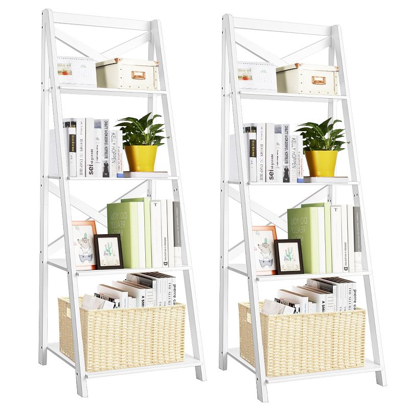 Costway Set of 2 Ladder Shelf 4-Tier Bookshelf Bookcase Storage Display Plant Leaning, 1 of 11