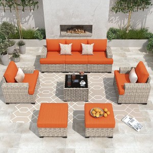 XIZZI All-Weather Rattan Furniture, Sectional Sets w/ Optional Solar Light-Up Coffee Table & Ottoman, Choose 6-9pc Configs in 8 Fade Resistant Colors - 1 of 4