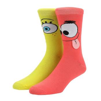 Spongebob Squarepants Spongebob & Patrick Faces With 3D Tongues Men's Casual Crew Socks