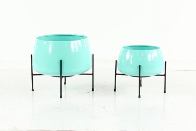 Teal Polished Metal Indoor/Outdoor Floor Planter Set with Black Stands