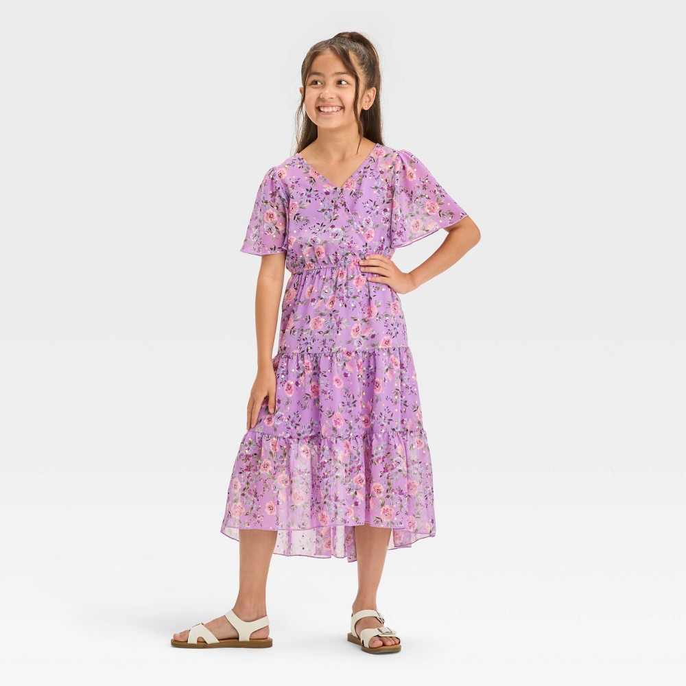 Zenzi Girls Short Sleeve Tiered Floral Chiffon Dress