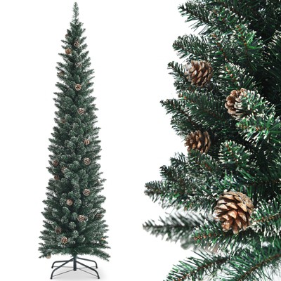 Tangkula 5/6/7ft Slim Pencil Tree Snowy Artificial Christmas Tree With ...