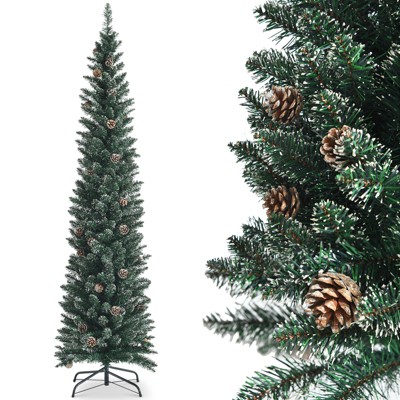 Tangkula 5/6/7FT Slim Pencil Tree Snowy Artificial Christmas Tree with 214/267/351 PVC Branch Tips & 25/31/41 Pine Cones Full Holiday Decoration Tree for Xmas