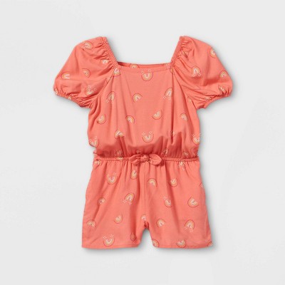 Toddler Girls' Rainbow Puff Sleeve Romper - Cat & Jack™ Medium Coral 18M