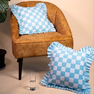 Folkulture 18 X 18" Set of 2 Cushion Cover Ruffle Checks Printed - Bluebell - 1 of 4