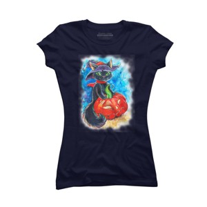 Junior's Design By Humans halloween. the witch cat By POLINART T-Shirt - 1 of 3
