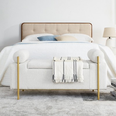 VYNXARIA Elegant Upholstered Linen Storage Bench with Cylindrical Arms and Iron Legs for Hallway Living Room Bedroom