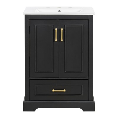 Vynxaria 24-Inch Bathroom Vanity - Ceramic Sink, 1 Divided Drawer, 2 Soft-Close Doors (Dual Racks), Black
