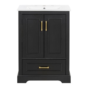 Vynxaria 24-Inch Bathroom Vanity - Ceramic Sink, 1 Divided Drawer, 2 Soft-Close Doors (Dual Racks), Black - 1 of 4