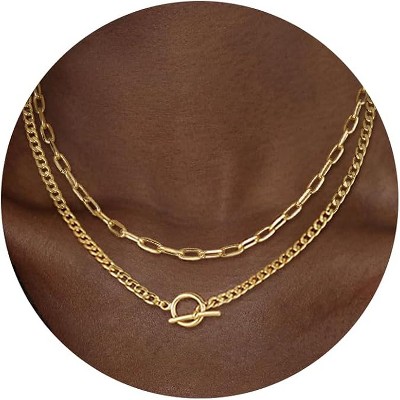 Gold Layered Necklaces for Women - HTUTWOO™ 14K Dainty Gold Chain Necklace Women Trendy Cuban Link Paperclip Chain Toggle Clasp Necklace