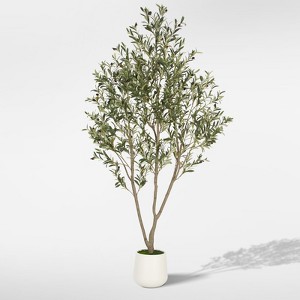Romswi Olive Faux Tree, 5ft/6ft/7ft Tall Artificial Olive Tree with White Tall Pot, with Natural Leaves Lifelike Fruits for Home Office Decor Indoor - 1 of 4