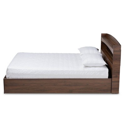 Christopher Queen Walnut Wood Platform Bed with Shelves
