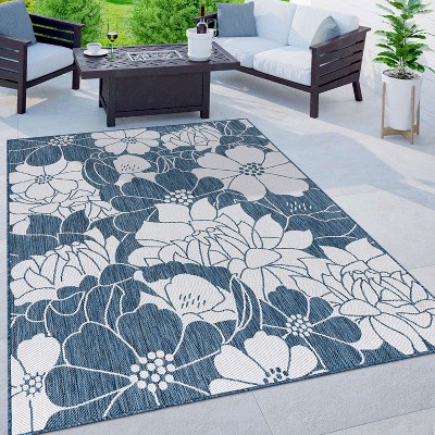 Navy and White Floral Flat Woven 5' x 7' Indoor/Outdoor Rug