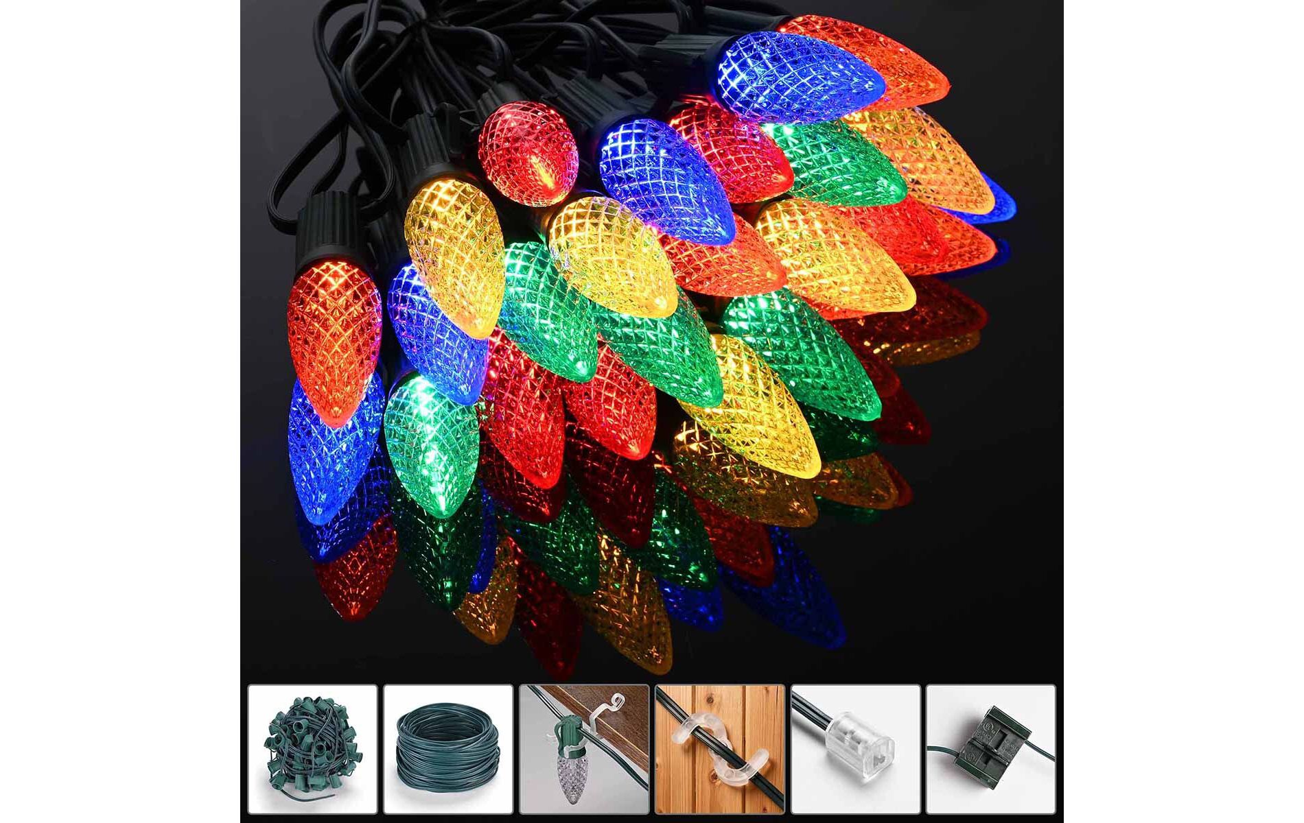 DELight C9 Christmas Lights Outdoor,100FT LED String Lights w/ 100 Clips for Roofline Lighting Connectable DIY Cuttable Waterproof Decor Multicolor