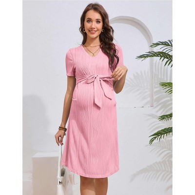 Women Maternity Dress Casual Short Sleeve Nursing Dress V Neck Breastfeeding Ribbed Knit Belt Pregnancy Dresses