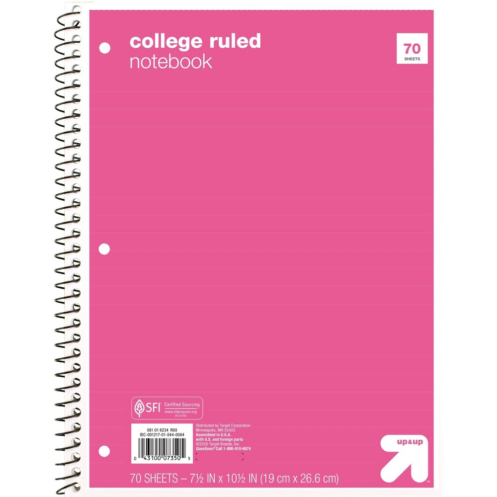 College Ruled Pink 1 Subject Flexible Paperboard Cover Spiral Notebook - up&up™: 70 Pages, 3 Hole Punched, 7.5x10.5"