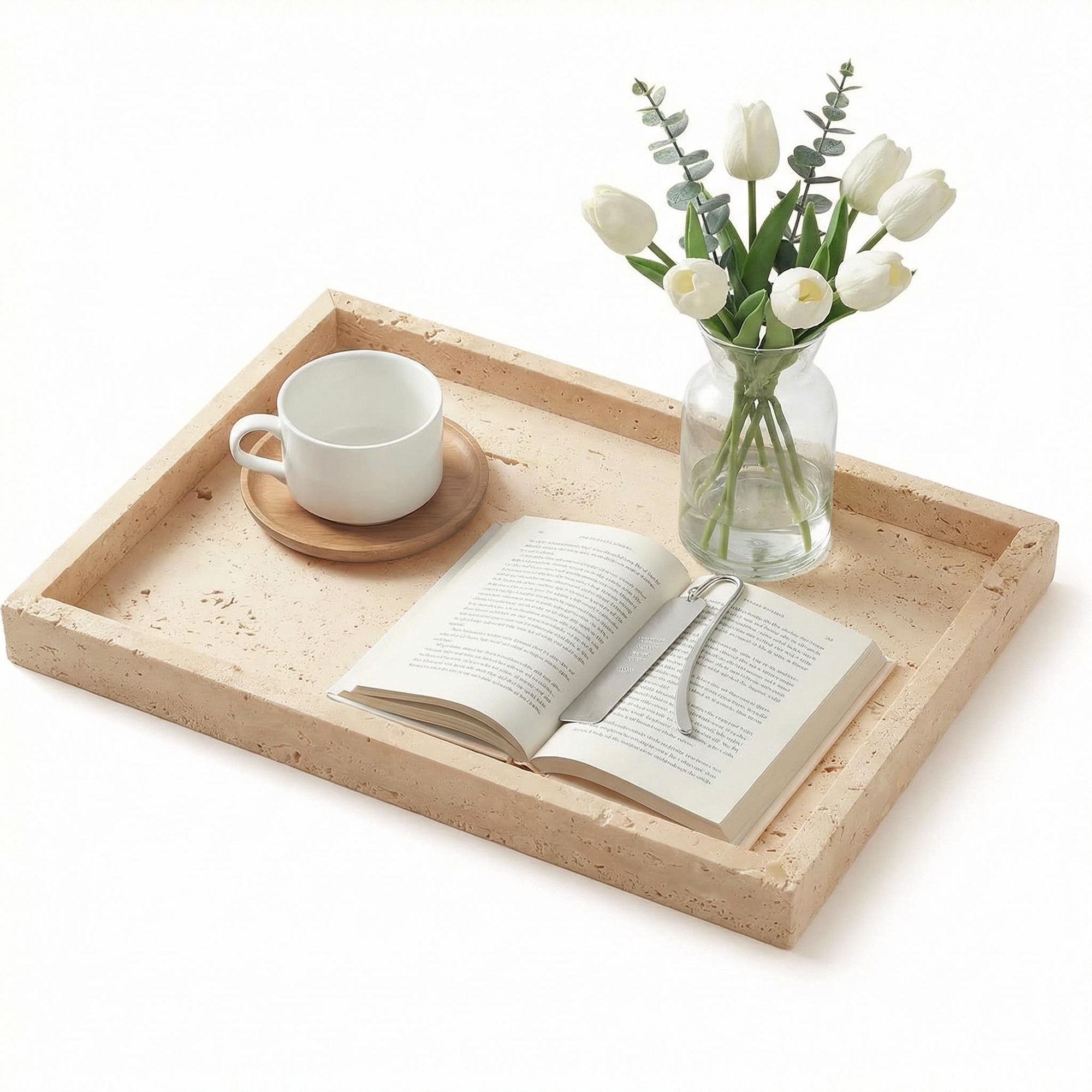 Yellow Travertine Rectangular Tray, Natural Stone Vanity Perfume Tray, Multifunctional Platter for Kitchen Counter Bathroom, 30*20*3 CM