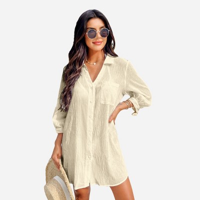 Women's Collared V-Neck Long Sleeve Cover-Up Dress -Cupshe