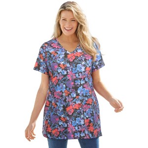 Woman Within Perfect Printed Short-Sleeve V-Neck Tunic - 1 of 4
