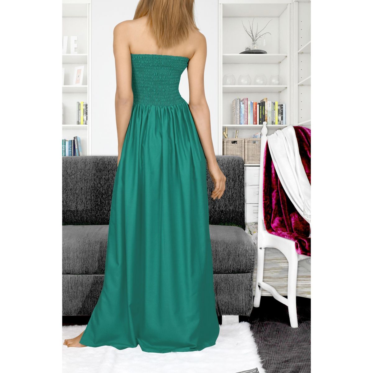 LA LEELA Women's Bandeau Maxi Dress Daily Evening Wear Solid Smocked Top Maxi Slit Dress Casual Strapless Tube Dresses for Women One Size Solid Cyan - thumbnail 4