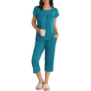 Ekouaer Womens Pajama Set Short Sleeve Sleepwear Pleated Floral Pjs Set Capri Pants Lounge Sets with Pockets - 1 of 4