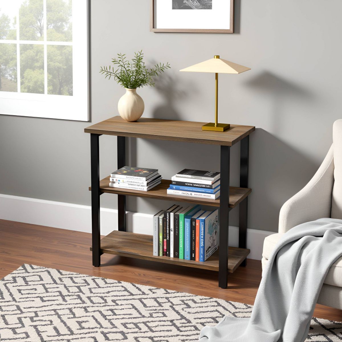 31" Pomona 2 Shelf Bookshelf Metal and Solid Wood Natural - Alaterre Furniture - thumbnail 8
