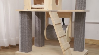 Natural Wooden Cat Tree with Sisal Scratching Posts and Cushions