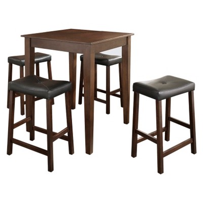 5pc Pub Dining Set with Tapered Leg and Upholstered Saddle Stools Vintage Mahogany Finish - Crosley