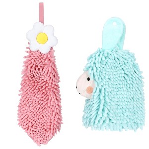 REGALWOVEN Soft Absorbent Flower Pattern and Sheep Pattern Chenille Hand Towel with Loop 6" x 15"/7" x 11" 2 Pcs - 1 of 4