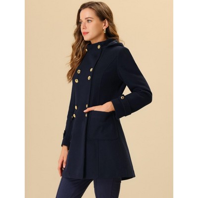 Женские худи Allegra K Women's Stand Collar Double Breasted Outerwear Winter Coat Navy Blue Small — фото 3