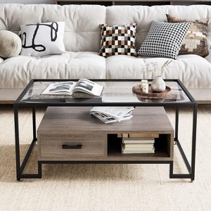 Homhougo Vintage Glass Top Coffee Table with 2 Drawers and Storage Shelf - Rectangle Center Table for Home Living Room, Apartment, Office - 1 of 4