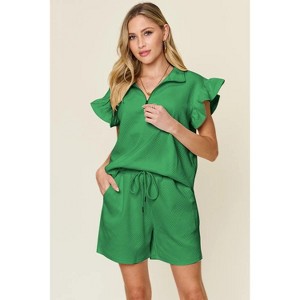 I am a Fashion junky Double Take Full Size Texture Flounce Sleeve Top and Drawstring Shorts Set - 1 of 4