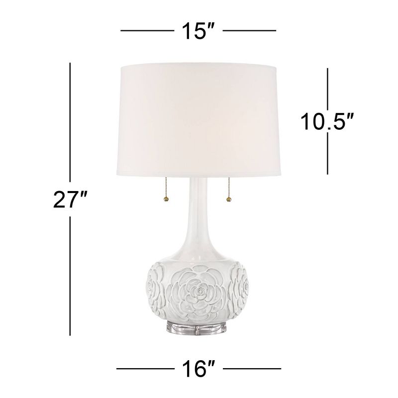 Possini Euro Design Natalia Modern Country Cottage Table Lamp 27" Tall White Ceramic Glaze Textured Floral Drum Shade for Bedroom Living Room Bedside, 4 of 10