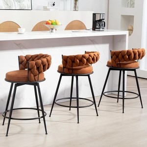 DYHOME 24 inch Bar Stools Set of 3, Modern Counter Height Bar Stools, 360° Swivel Suede Fabric Stool Chairs with Woven Back and Footrest - 1 of 4