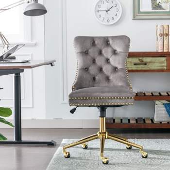 Furniture Office Chair,Velvet Upholstered Tufted Button Home Office Chair with Golden Metal Base,Adjustable Desk Chair Swivel Chair-The Pop Home
