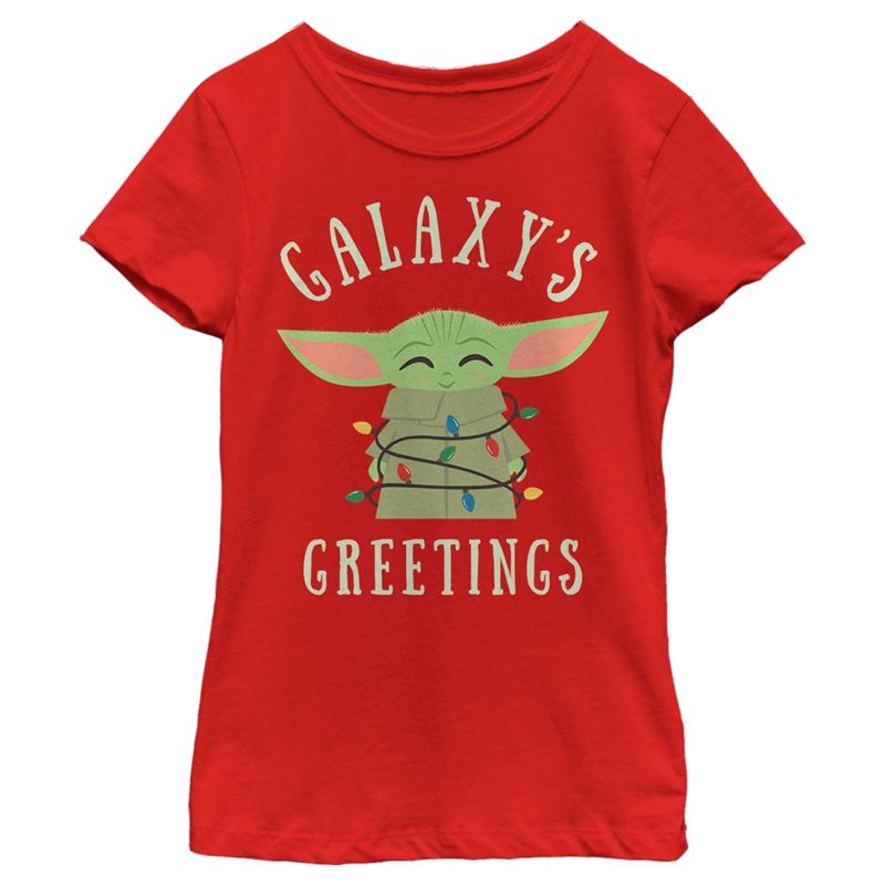 Girl's Star Wars The Mandalorian Christmas The Child Greetings T-Shirt, 1 of 6