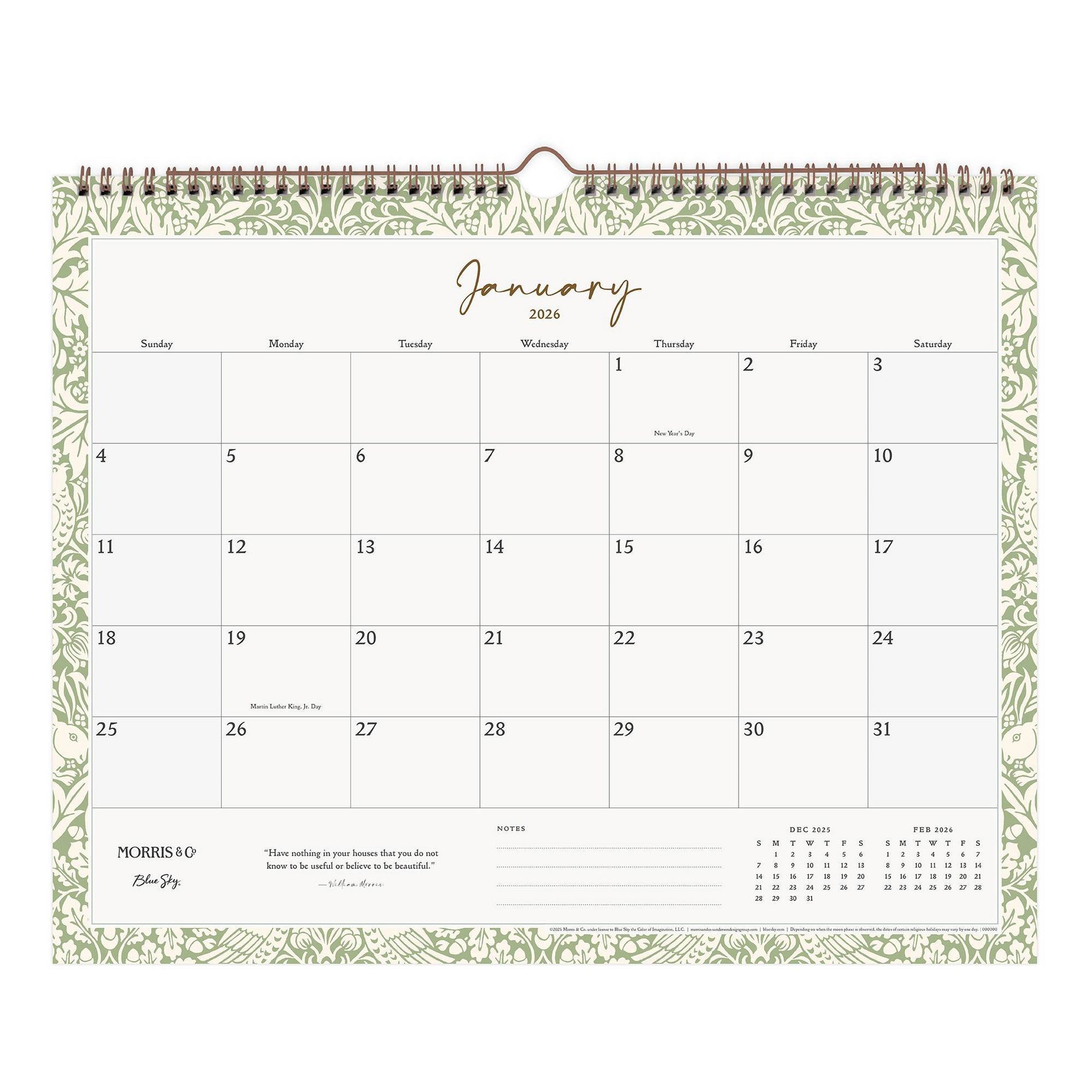 Morris & Co. 15"x12" by Blue Sky 2026  Wirebound Monthly Wall Calendar Multi Design