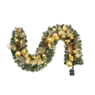 6 ft Prelit Christmas Garland, Winter Wall Hanging Garland with Gold Bows & Ball Ornaments, Artificial Xmas Wreath for Fireplace Mantle Staircase