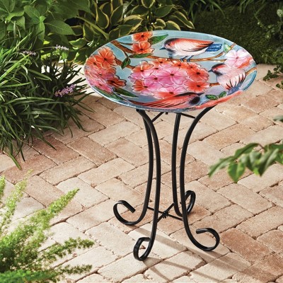 Teamson Home 17.8" Round Floral Fusion Glass Birdbath & Stand: Freestanding Design, 20.94" Height, Easy Assembly