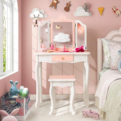 Costzon Kids Vanity Table and Chair Set, Wooden Makeup Table with Mirror, Stool & Drawer, Toddler Pretend Play Vanity Set (Princess Style)