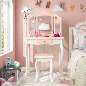 Costzon Kids Vanity Table and Chair Set, Wooden Makeup Table with Mirror, Stool & Drawer, Toddler Pretend Play Vanity Set (Princess Style) - 1 of 4