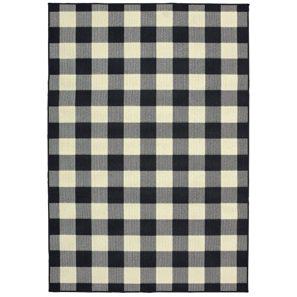 9'x13' Madeline Plaid Check Patio Rug Black/Ivory
